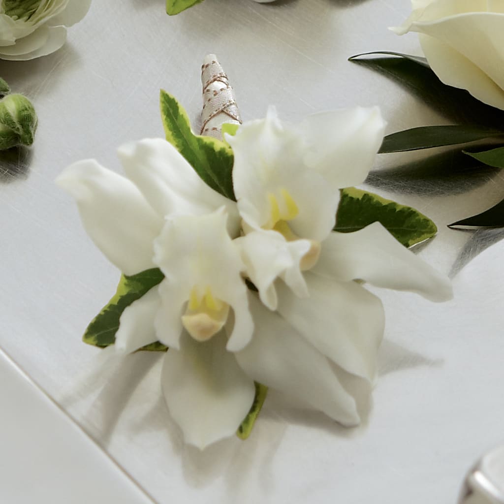 White Mini Cymbidium Boutonniere – Blossom Bloom, Orlando FL